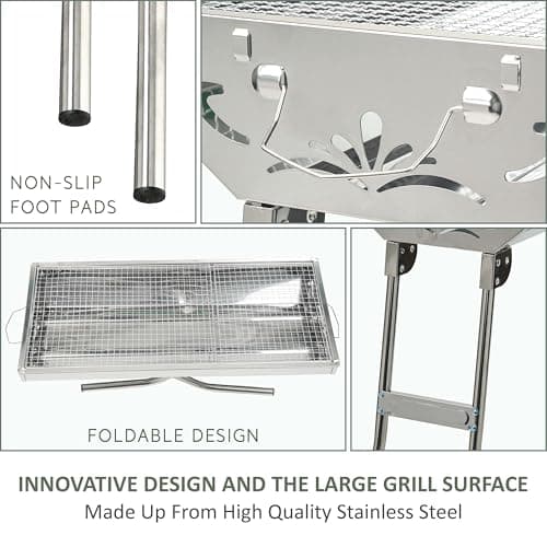 Crystals Large Folding Portable Stainless Steel Charcoal BBQ Grill – Lightweight Outdoor Barbecue for Camping, Hiking, Garden & Picnic | Compact Foldable Metal BBQ Stove - 74 x 72 x 32cm — view 4