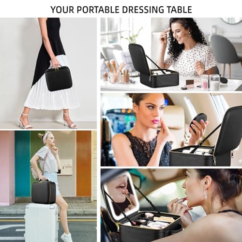 Travel Makeup Bag Cosmetic Bag Make up Organizer Bag with Large Lighted Mirror 3 Color Modes Adjustable Brightness, Waterproof PU Leather Makeup Travel Case Makeup Train Case Toiletry Gift Accessories — view 6