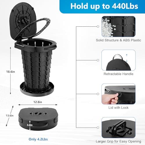 Upgrade Retractable Portable Toilet for Adults - 18.6"H Adjustable Height Camping Tall Toilet, XL Travel Folding Toilet with Lid and Paper Holder, Compact Potty for Car, Hiking, Beach and Camping — view 5
