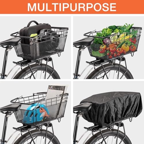 CXWXC Rear Bike Basket with Handle - Quick Release Bicycle Rear Basket with Cargo Net and Waterproof Cover, Wire Bike Baskets Rear Large Capacity (Wire Bike Basket) — view 5