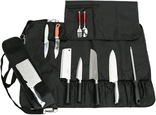 YWYHHM Chef Knife Roll Bag, 17 Slots Chef Knife Bag, Knife Case for Kitchen Camping Knife, Heavy Duty Utility Knife Storage Tote with Shoulder Strap, Tool Gifts Gadgets for Men