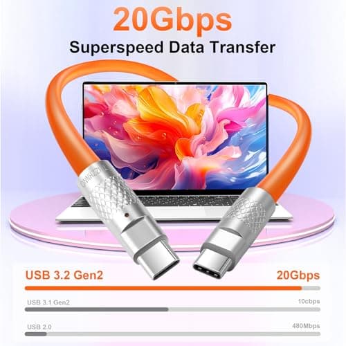 Thzzhnno Silicone USB C 3.2 Gen2 Cable 1.5M, Ultra Flexible & Soft USB C 20Gbps 4K@60Hz Video Fast Charging 100W Type C Cable for Thunderbolt 3, iPad, MacBook, Galaxy S21 (Orange) — view 2