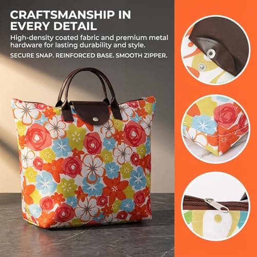 NIFTYY Foldable Zipper Tote Bag for Women – Waterproof Reusable Shopping Bag, Portable Travel Beach Gym Bag with Pocket, Compact Foldable Handbag for Grocery, Travel, Holiday, Pool (orange) — view 5