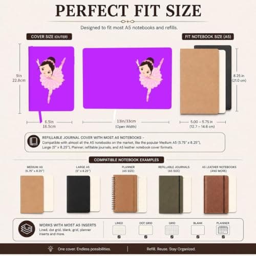 Little Ballerina Dancing Girl Print A5 Leather Journal Cover,Refillable Genuine Leather Journal Notebook Cover — view 4