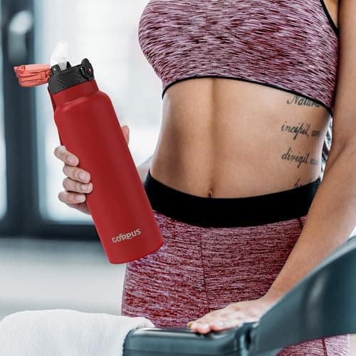 GOPPUS 750ml/26oz Stainless Water Bottle with Straw Double Wall Insulated Bottles with Strap Reusable Vacuum Thermal Flask Leakproof Keep Cold Drinks Bottles with Flip Top Lid BPA Free (Red) — view 6
