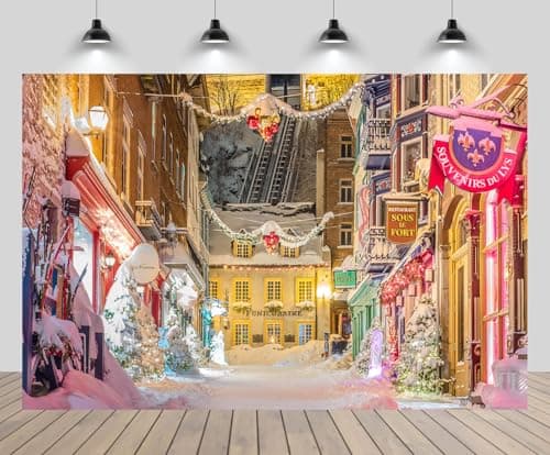 CHNBGPRO 1.5x1m Christmas Street Backdrop Europe Snowy Street Shop Christmas Trees Balls Background New Year Xmas Eve European Travel Birthday Party Decoration Portrait Photo Studio Booth Props