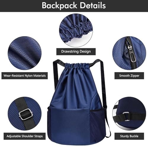 InfiniZer Sports Drawstring Bags Waterproof Swimming Bag for Kids Adults Unisex Large Capacity Foldable Gym Bag for Swimming Gym School Travel Hiking (Navy Blue) — view 3