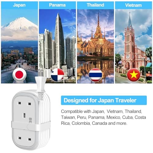 UK to Japan Plug Adapter with 1.5M Extension Cable, BEVA 2 Way 3 USB (2A+1C) Power Adapter with Retractable USB C Cable for Japan Travel (Type A) — view 4