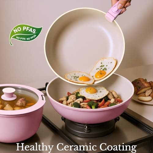 OUBRL Pots and Pans Set Non Stick, Ceramic Cookware Set Detachable/Removable Handles, RV Camping Kitchen Cooking Set, Dishwasher/Oven/Fridge Safe, Induction, Space Saving (Pink-, 5 Piece) — view 4