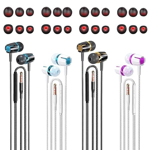In Ear Wired Headphones,4 Packs Wired Earphones with Microphone&Volume Control and 12 Pairs Replacement Earplugs,Noise Isolating & Deep Bass Headphones in Ear for i-Phone,i-Pad, Smartphone,MP3 Players