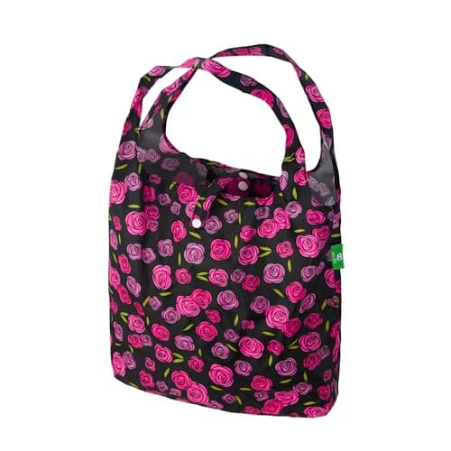 ECO CHIC Lightweight Foldable Reusable Shopping Bag Water Resistant Tote Bag (Mackintosh Rose Black)