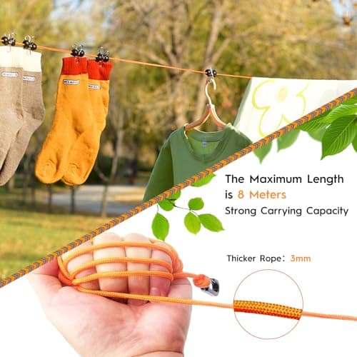 Retractable Travel Clothes Line 8m Portable Laundry Rope Camping Washing Line Anti Winding Washing Line Clothes airer Hanger Adjustable Drying Lines, for Travel Holiday Outdoor Indoor(Orange) — view 3
