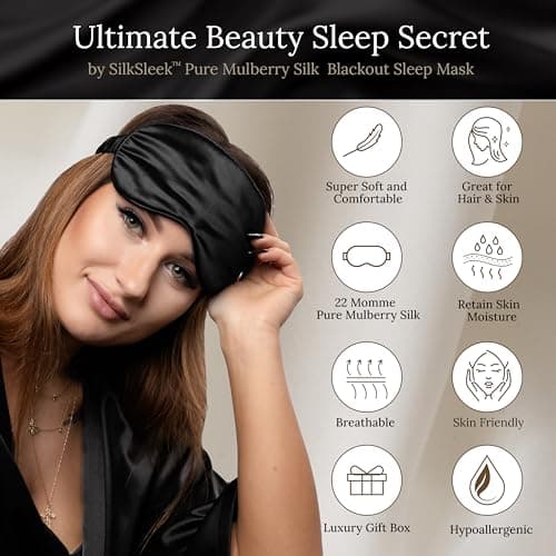 SILKSLEEK Eye Mask for Sleeping, 22 Momme Pure Mulberry Silk Sleep Mask Filled with 100% Pure Silk, Travel Essentials, Super Soft & Comfortable Blackout Eye Mask in Gift Box… (Black) — view 2