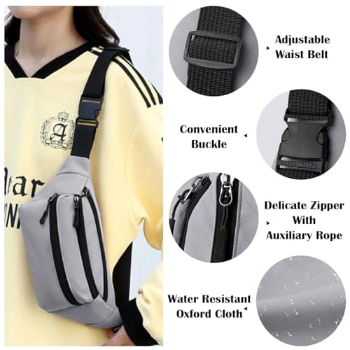 Risipu Bum Bag for Men Women, Lightweight Water-Resistant Waist Packs with Adjustable Belt & 3 Zipper Pockets, Fashionable Fanny Pack for Travel, Running, Hiking, Cycling (Grey) — view 5