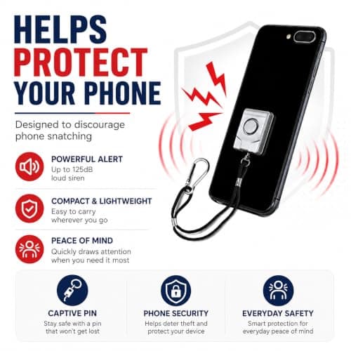 Minder Mobile Phone Personal Alarm 125dB Ultra Thin Anti-Theft Safety Siren with Captive Pin, Carabiner Clip & Fixing Tapes for Phone, Handbag, Rucksack, Travel & Students (Black) — view 3