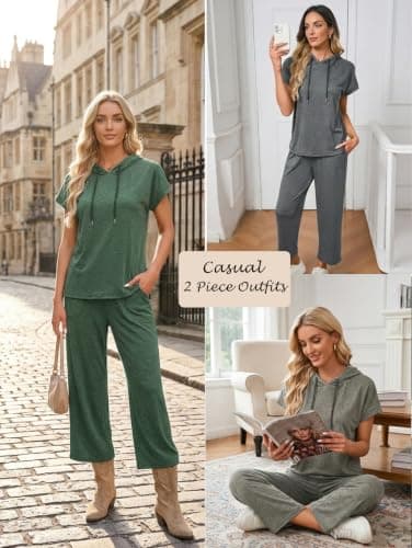 Famulily 2 Piece Sets for Women Casual Summer Travel Outfits Short Sleeve Hoodies &Lounge Cropped Pants Grey Coffee L — view 6
