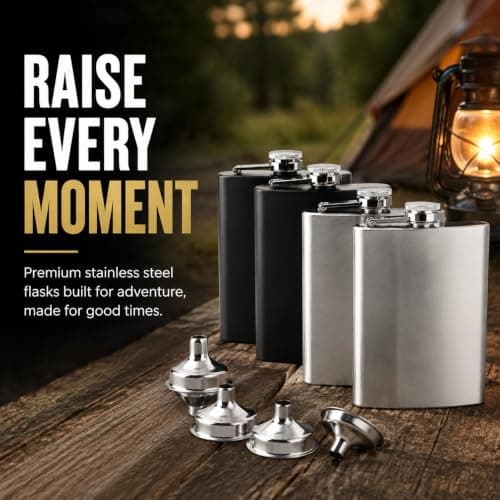 Tebery 4 Pack 8oz Hip Flask with Funnel, Stainless Steel Whiskey Flask, Leakproof, Portable Liquor Hip Flask for Men (Black & Silver) — view 5