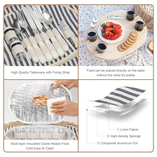STBoo Picnic Basket for 4, Insulated Wicker Hamper with Table (Stripe) ﻿ — view 5