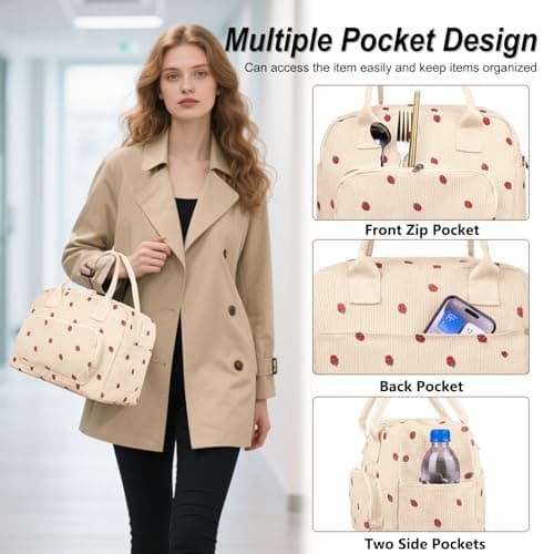FITDON Insulated Lunch Bag for Women Men, Corduroy Cooler Bag Lunch Box Container Large Lunch Tote Bag for Work School Picnic Travel, Beige Strawberry — view 4