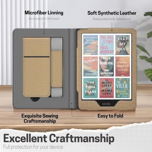 TNP Stand Case with Strap for Kindle Paperwhite 12th Gen 2024 / Kindle Colorsoft Signature Edition - 7" PU Leather Protective Folio Cover with Auto Wake/Sleep & Card Slot, Gold — view 6