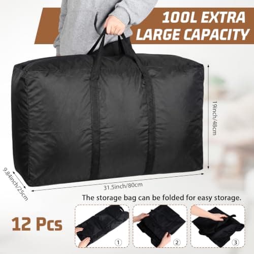 Abbylike 12 Pack 26gal/100l Extra Large Moving Bags Bulk Heavy Duty Space Saving Oversized Duffle Storage Tote Bags with Handle and Zippers for Travel Blanket Clothes Quilt(Black Blue) — view 2