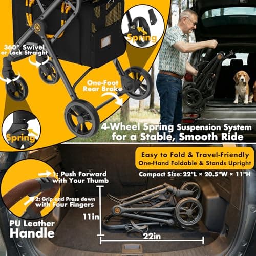 PAWZIDEA Double Pet Stroller, Foldable Cat Pram with 2 Detachable Carriers — view 6