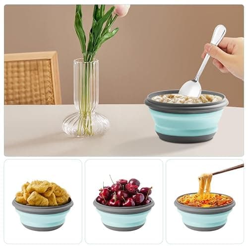 flintronic 3Pcs Collapsible Camping Bowl Sets, Portable Silicone Bowl with Lid, Folding Bowl, Portable Salad Bowl, Folding Lunch Box for Camping, Hiking, Kitchen, School, Blue — view 3