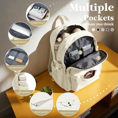 WEPOET Cute School Backpack for Womens, Lightweight Waterproof Rucksack Casual Daypacks With Multiple Pockets, Large Capacity Backpack Kids School Bags for Boys Girls(Beige) — view 4
