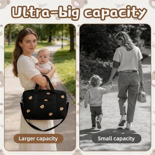 Gonggi Large Baby Changing & Hospital Maternity Bag, Cotton Mommy Diaper Tote Bags with Embroidery Large Capacity Multiple Soft Nappy Bag Lightweight Travel Duffel Bags with Shoulder Strap (Black-B) — view 5