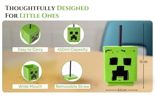 HOX Minecraft Square Soda Cup – 10 x 8.6 cm / 450 ml | BPA-Free Food-Safe Gamer Gift Mug for Boys | Wide Mouth with Removable Straw |Easy to Carry for Picnic & Travel, Green — view 6