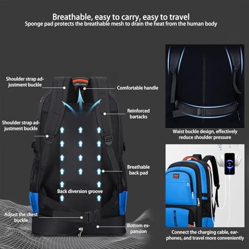 Nayubo 65L Hiking Backpack for Men Waterproof Expandable Travel Backpack Carry On Backpack Casual Daypack Large Rucksack for Camping Outdoor Sports Trekking (Blue) — view 6