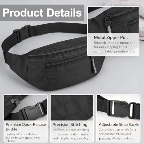 Bum Bag – Lightweight Waist Bag & Waterproof Fanny Pack for Women & Men, Secure Travel Belt Bag for Festivals, Hiking, Running, Holidays – Ideal Bum Bags for Ladies & Men (Black) — view 3