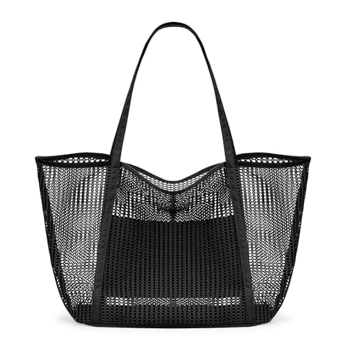 KALIDI FANCY FOREST Foldable Mesh Beach Bag with Zip, 27L Large Mesh Tote Bags for Women Ladies Summer Beach Tote Bag for Holiday Travel,Black