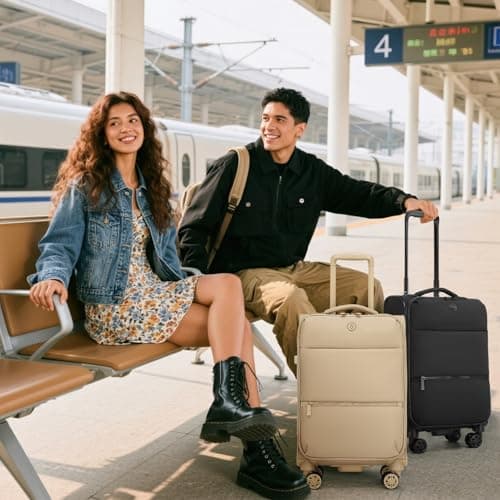M Cabin Suitcase Lightweight Carry-on Luggage with 4 Spinner Wheels, Soft Small Travel Hand Luggage with PVC Wet/Dry Pockets, Soft Personal Item Suitcase for Women, Khaki — view 6