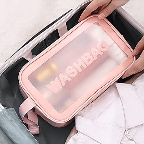 Clear Toiletry Bag, Clear Makeup Bags Waterproof Travel Toiletry Bag PVC Traveling Accessories Organizer Wash Bag Portable for Women Men (M-Pink) — view 4