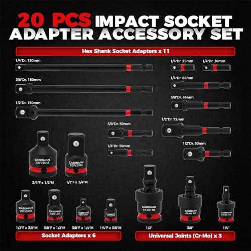 CASOMAN 20PCS 1/4" 3/8" 1/2" Drive Impact Socket Adapter Set, Includes Hex Shank Adapters & Reducers, CR-MO Universal Swivel Socket — view 2