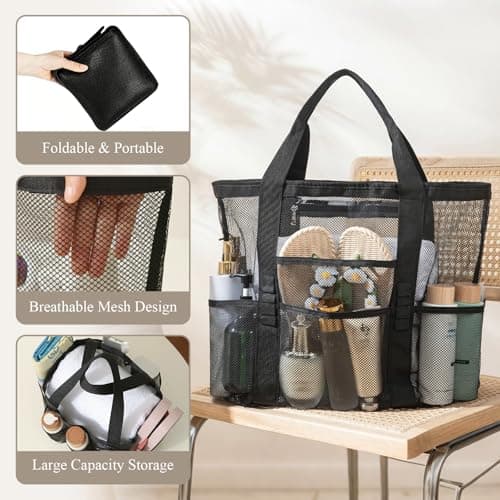 flintronic Women's Mesh Beach Bag, Large Tote Bag, Lightweight Pool Bag with 8 Pockets, Foldable Travel Bag for Swimming, Picnic, Gym, Shopping and Daily Use(59×39×21cm) — view 6
