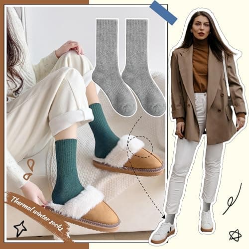 EBMORE Womens Merino Wool Socks Thermal Warm Winter Thick Cosy Boot Crew Cabin Ladies Work Soft Walking Hiking Socks 5 Pairs Gift Stocking Fillers(Khaki/Dark Green/Grey/Black) — view 4