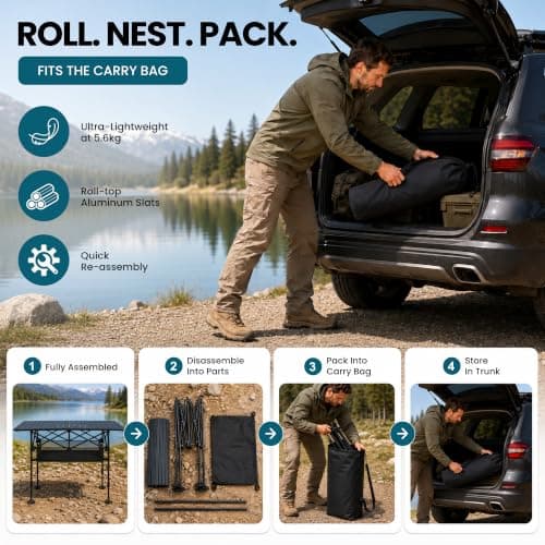 LET'S CAMP Folding Camping Table, Aluminium Roll up Picnic Table Black — view 5