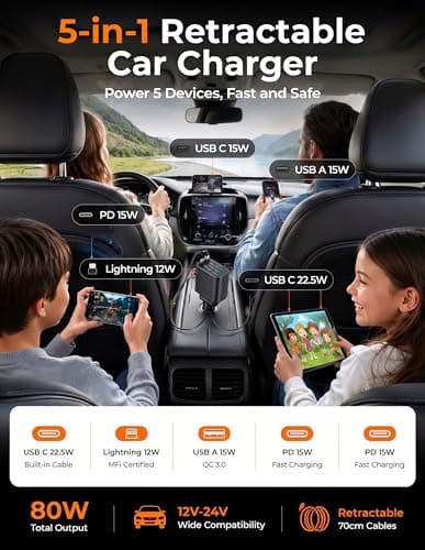 80W Retractable Car Charger - 12V Cigarette lighter Adapter with USB C and Lightning Cable,Fast Charging for iPhone 17/16/15/14/13/12/Google/Samsung,Car Accessories Practical Gifts for Men Dad Husband — view 2
