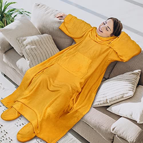 PAVILIA Fleece Blanket with Sleeves, Foot Pockets for Women Men Adults, Plush Wearable Blanket Throw Wrap, Warm Snuggle Blanket Robe, Cozy Gift Ideas Wife Mom, Mustard Yellow — view 3