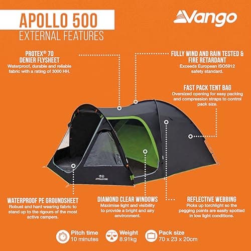 Vango Apollo 500 Family Tent for 5 People with Large Porch Living Area, Waterproof - Ideal Weekend Camping Tent — view 3