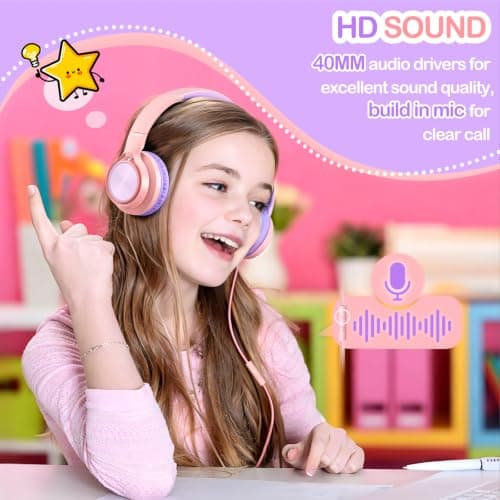 VkingMoR Kids Headphones for School Travel, Upgrade USB Type C Safe Volume 94dB, with Mic HD Stereo Sound Foldable On-Ear Headphones for Boys/Girls/Students/Tablet/Travel(Pink) — view 3