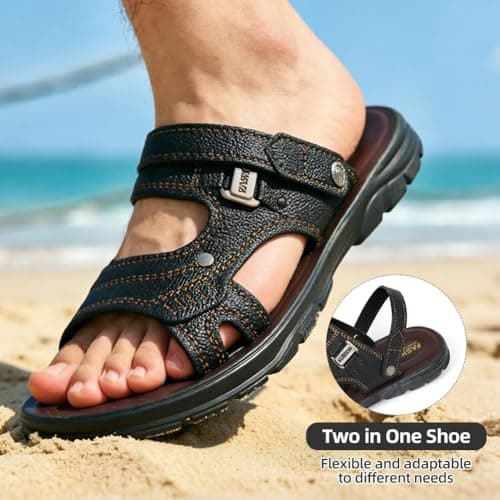 Aomig Mens Leather Sandals Non-Slip Beach Sandals Open Toe Open Toe Clogs Summer Shoes MensSliders Slides Holiday Slippers Flat Adjustable Strap Outdoor Sandals MensSliders Slides Shoes(Black-9 UK) — view 4