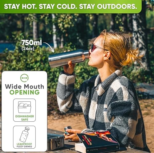 Blockhütte Stainless Steel Water Bottle I 750ml I Insulated Metal Flask, BPA Free, Leakproof, Dishwasher Safe, Ideal for Gym, Travel, Cold Drinks, Reusable, with Natural Cleaning Brush — view 2