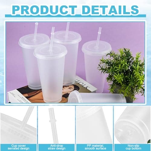 Reusable Clear Cold Cups with Lids and Straws,5 Pcs Iced Water Cups 24oz & BPA Free Plastic Cup,Cold Drinking Tumblers Travel Mugs Custom for Coffee Smoothie Juices Party Bulk for Adult Women — view 3