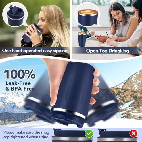 Volhoply 360ml 12oz Double Wall Insulated Vacuum Travel Coffee Mugs with Flip Lid Bulk 2 Pack,Reusable Stainless Steel Leak Proof Coffee Cup,Cafe Thermal Tumbler for Hot & Cold Drinks(Navy,2 Set) — view 6