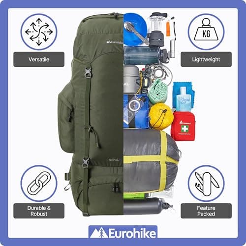 Eurohike Nepal 85 Litre Rucksack with Ventilated Back Panel & Padded Harness, 85L Backpack, Bag for Men & Women, Adjustable, Lightweight, Camping, Hiking, Trekking, Travelling, Outdoor, Green — view 3