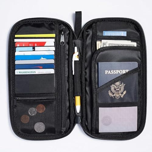 Amazon Basics Passport Holder Travel Wallet, RFID Travel Organizer Document Holder, Nylon with Zippered Pockets, 25.4 x 12.7 cm, Black, Solid — view 2