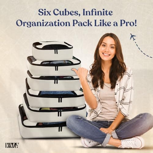 LUGGIX Packing Cubes for Travel, 6 Piece Suitcase Organiser Bags Set with Breathable Mesh, Lightweight Travel Packing Cubes for Suitcases, Beige — view 3